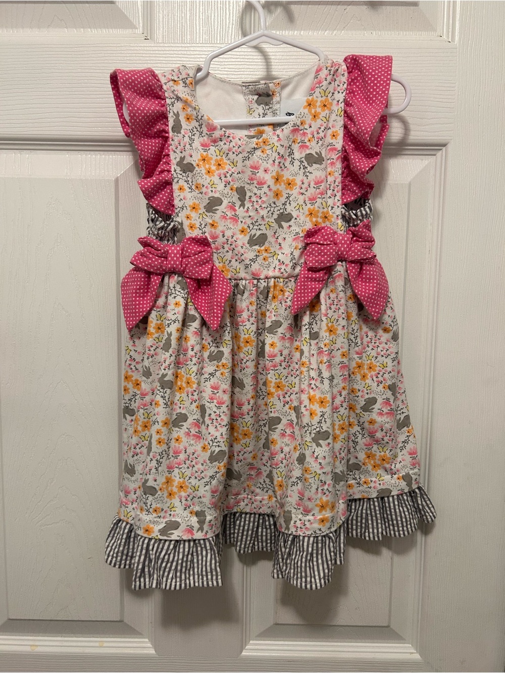 Girls Floral Ruffle Dress with Pink Bow Accents